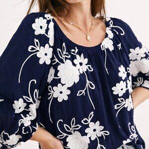 Embroidered blouse white on navy,  85% cotton, oversized peasant style